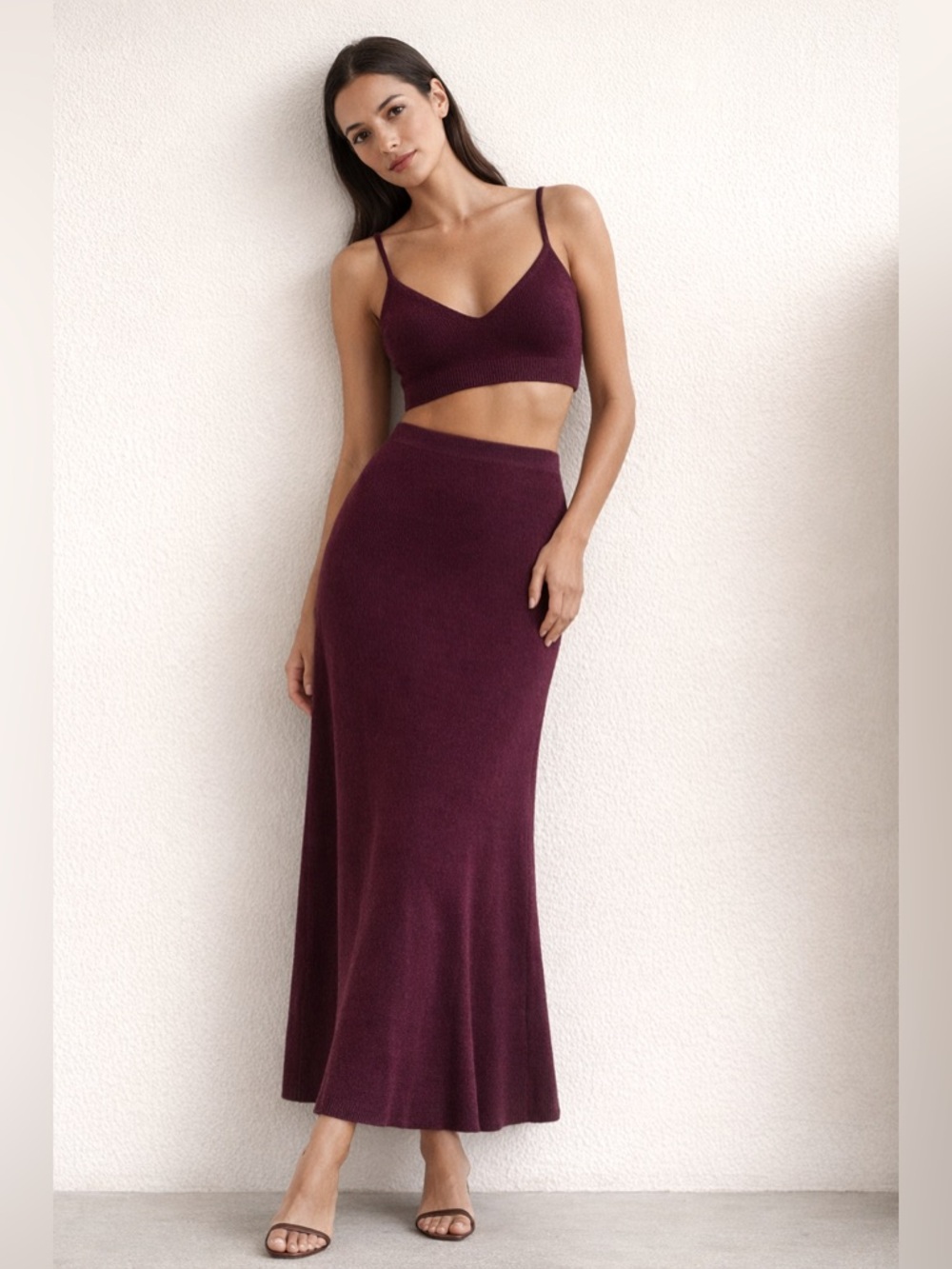 Reformation Mae Cashmere Bra & Skirt Set Plum Purple M READ DESCRIPTION